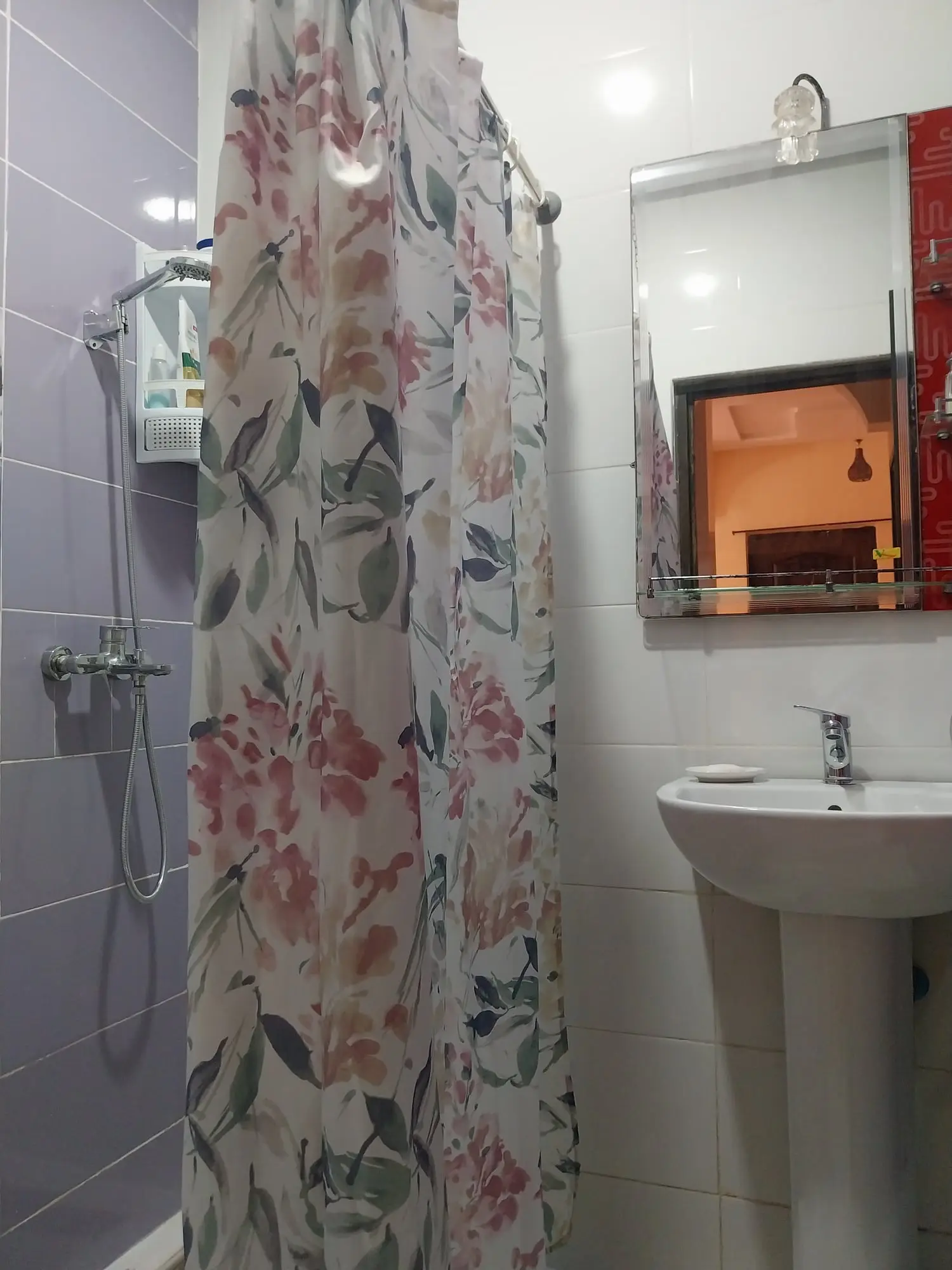 Bathroom with a shower, mirror and washbasin