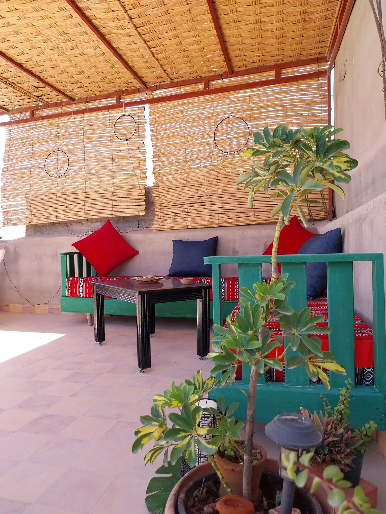 Roof terrace seating with red cushions under a reed shade, with potted plants